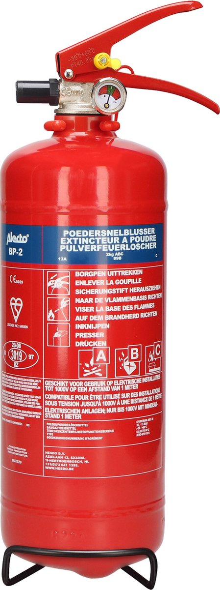 Alecto bp2 brandblusser - poederblusser 2 kilogram - brandklasse abc - inclusief ophangbeugel