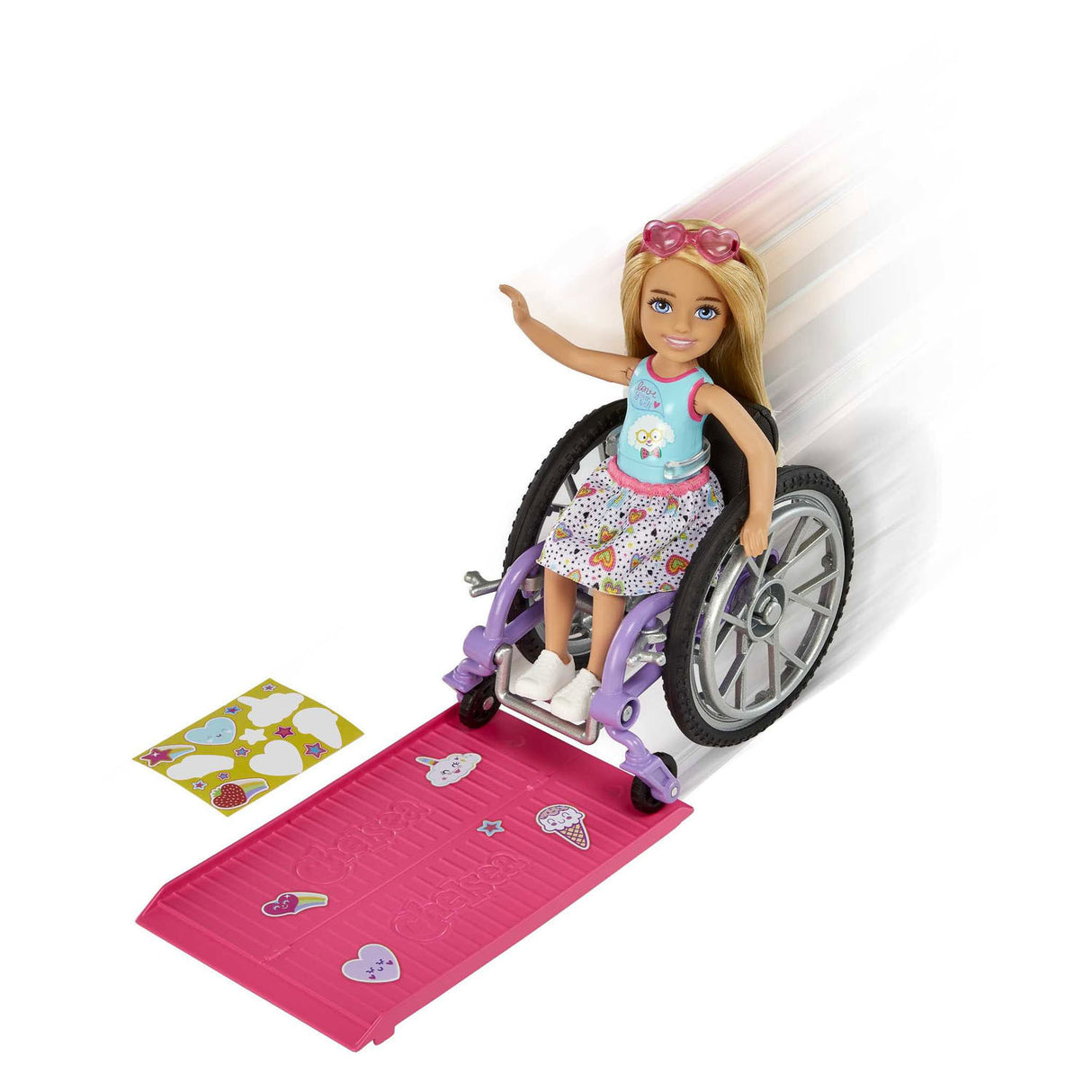 Mattel Chelsea silla de ruedas muñeca rubia