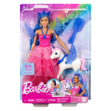 Poupée de licorne Mattel avec cheveux bleus, robe rose et alicorne