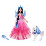 Poupée de licorne Mattel avec cheveux bleus, robe rose et alicorne