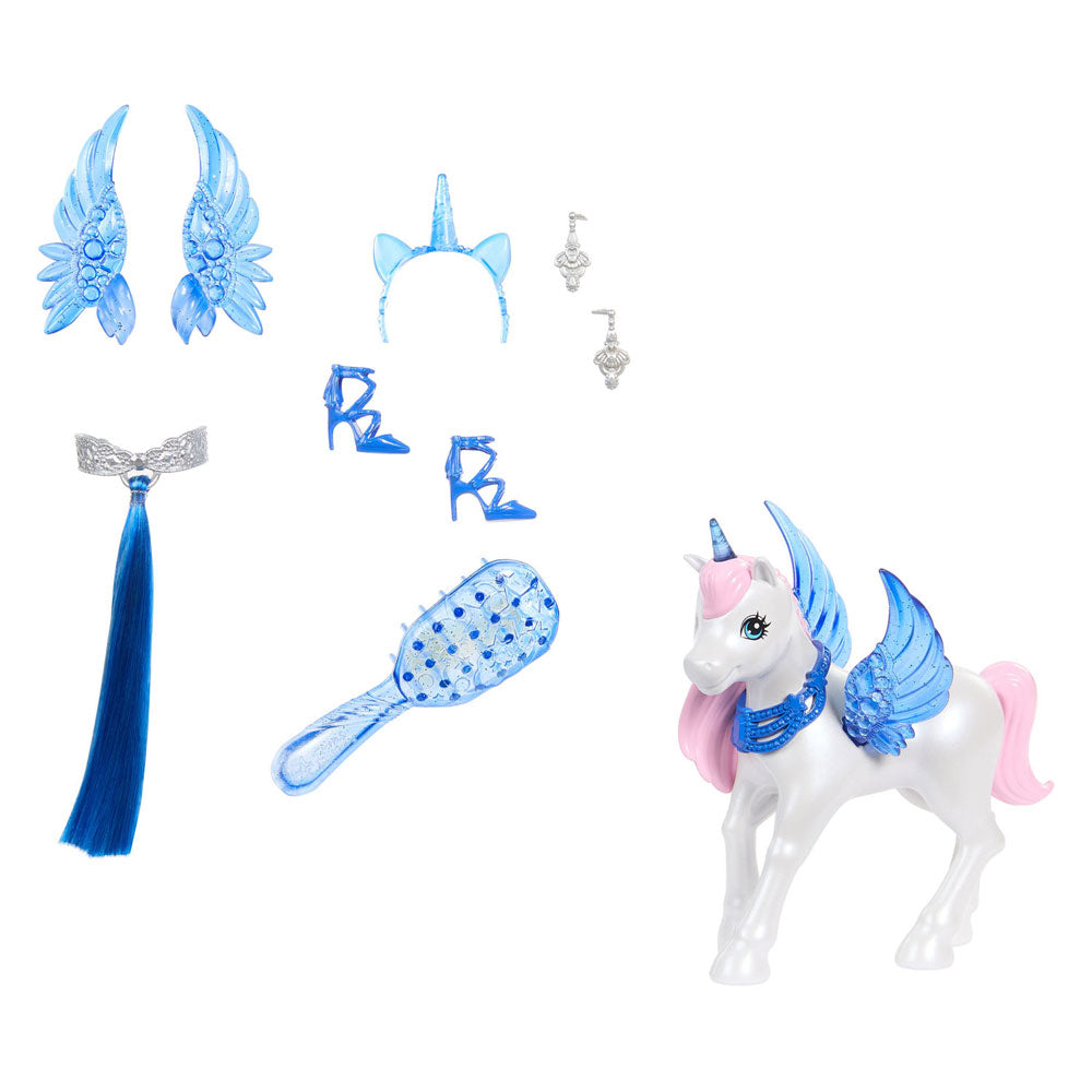 Poupée de licorne Mattel avec cheveux bleus, robe rose et alicorne