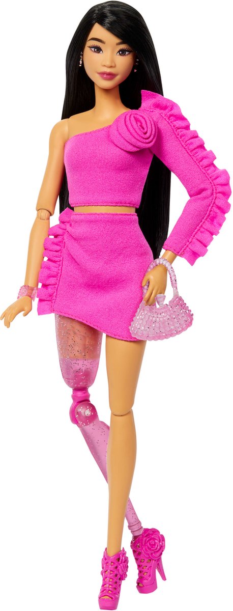 Barbie deluxe stijl - roze set met topje en rok - pop met beenprothese