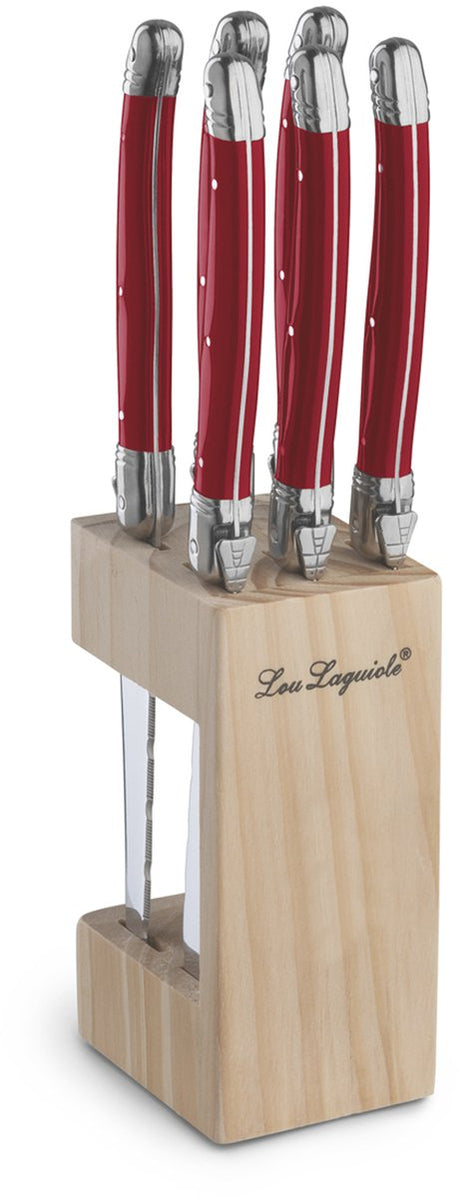 Lou laguiole ® 6-delige steakmessenset rood in houten messenblokje – vlijmscherp – micro-serration – 13 0 messenstaal – iconische laguiole-bij – cadeauverpakking