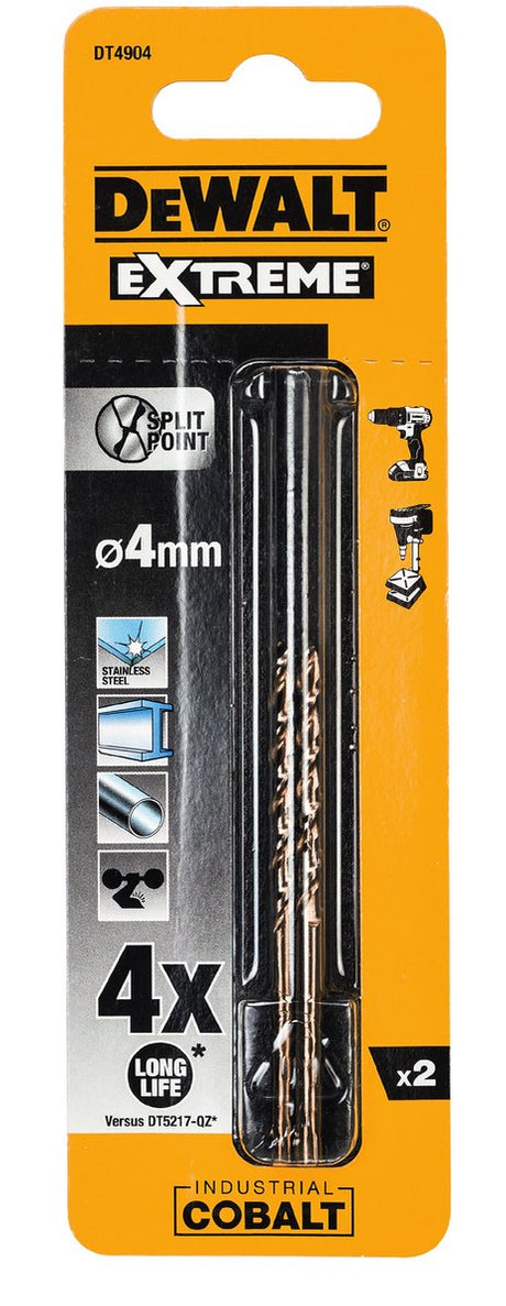 Dewalt extreme cobalt serie - metaalboor - 4 mm - 2 stuks - hss-co