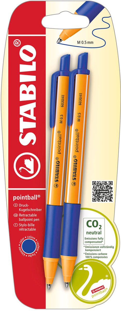 Stabilo pointball - balpen - navulbaar - blauw - blister met 2 stuks