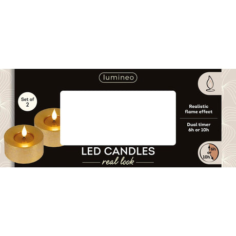 Lumineo realistische led theelicht met vlam effect ø7,5x6cm goud met 6uur timer werkt op batterij-2 stuks