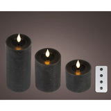 Lumineo 3-delig realistische led kaars met wax pit en vlam effect ã˜7.5 hoogte 9,5-13,5-20cm zwart met timer werkt op afstandsbediening en batterij