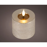 Lumineo realistische led kaars met wax pit en vlam effect ã˜7.5x9,5cm licht grijs met 6uur timer werkt op batterij