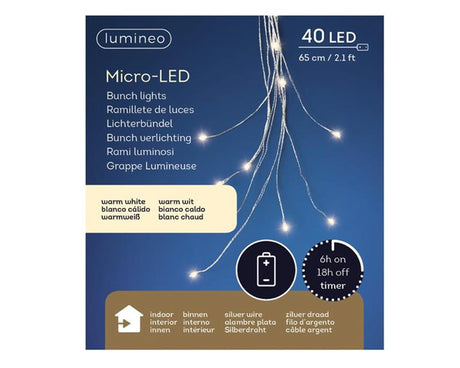 Lumineo micro led draadverlichting cascade 80cm-40l 10 draaden met 5 lamps zilver warm wit op batterij met timer