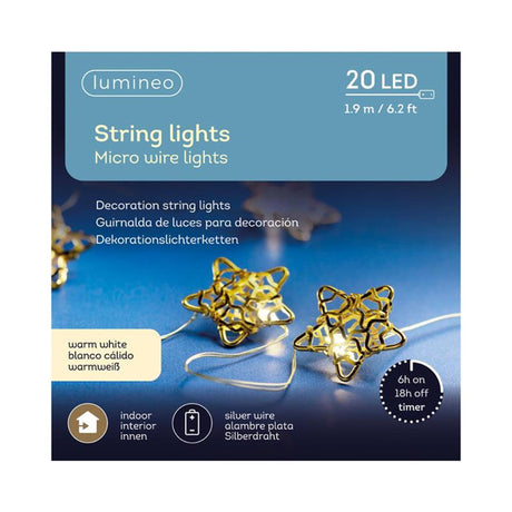 Lumineo micro led decoratie verlichting 20 lampjes met sterren metaal met timer werkt op batterij