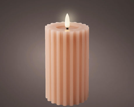 Lumineo led kaars wax ribbel licht roze h14,8cm dia 7,5 cm met 6 uurs timer-werkt op batterijen 2x aaa ( niet inbegrepen)