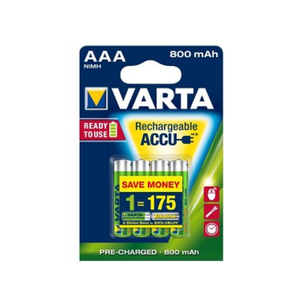 Varta genopladelig mini Penlite Battery AAA 800 MAH NIMH 1.2V 4 stykker på kortet