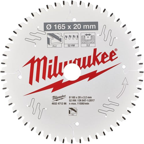 Milwaukee accessoires cirkelzaagblad p alu165x20x2,2x52tf neg. - 4932471296