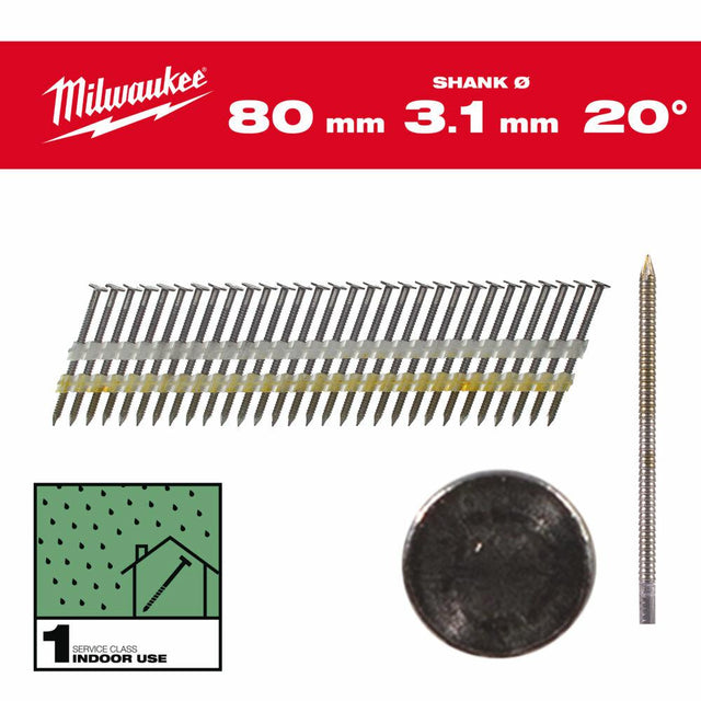 Milwaukee nagels 20° ring rond hoofd helder 80mm 1750szt. - m18 ffn21