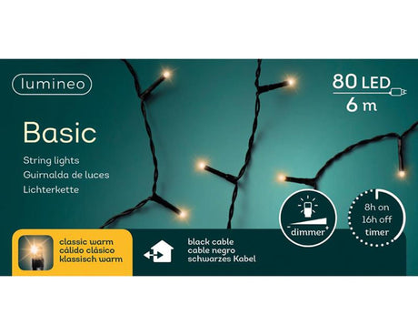 Lumineo led-verlichting 6m 80 lampjes classic warm met 8-uurs timer en dimfunctie voor binnen en buiten