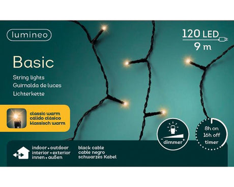Lumineo led-verlichting 9m 120 lampjes classic warm. met 8-uurs timer en dimfunctie voor binnen en buiten