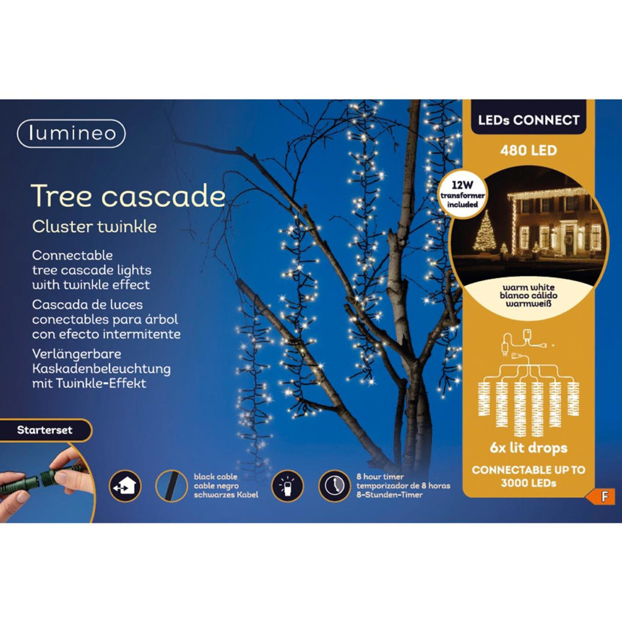 Lumineo boom cascade led's connect starter set 8 functie twinkel effect en 8 uur timer warm wit