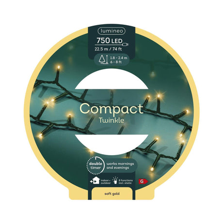 Lumineo led compact verlichting op rol 750led 22,5 meter 8 functie twinkel effect met dual timer zwart soft gold