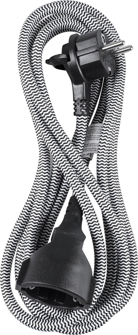 Q-link verlengsnoer - platte stekker - randaarde - 3 x 1.5 mmâ² - 3 meter - textiel - zwart - wit