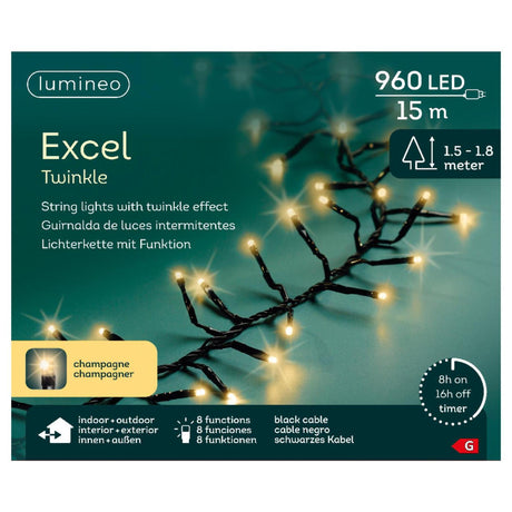 Lumineo kerstverlichting excel twinkel 15 meter 960 lampen champagne voor binnen en buiten