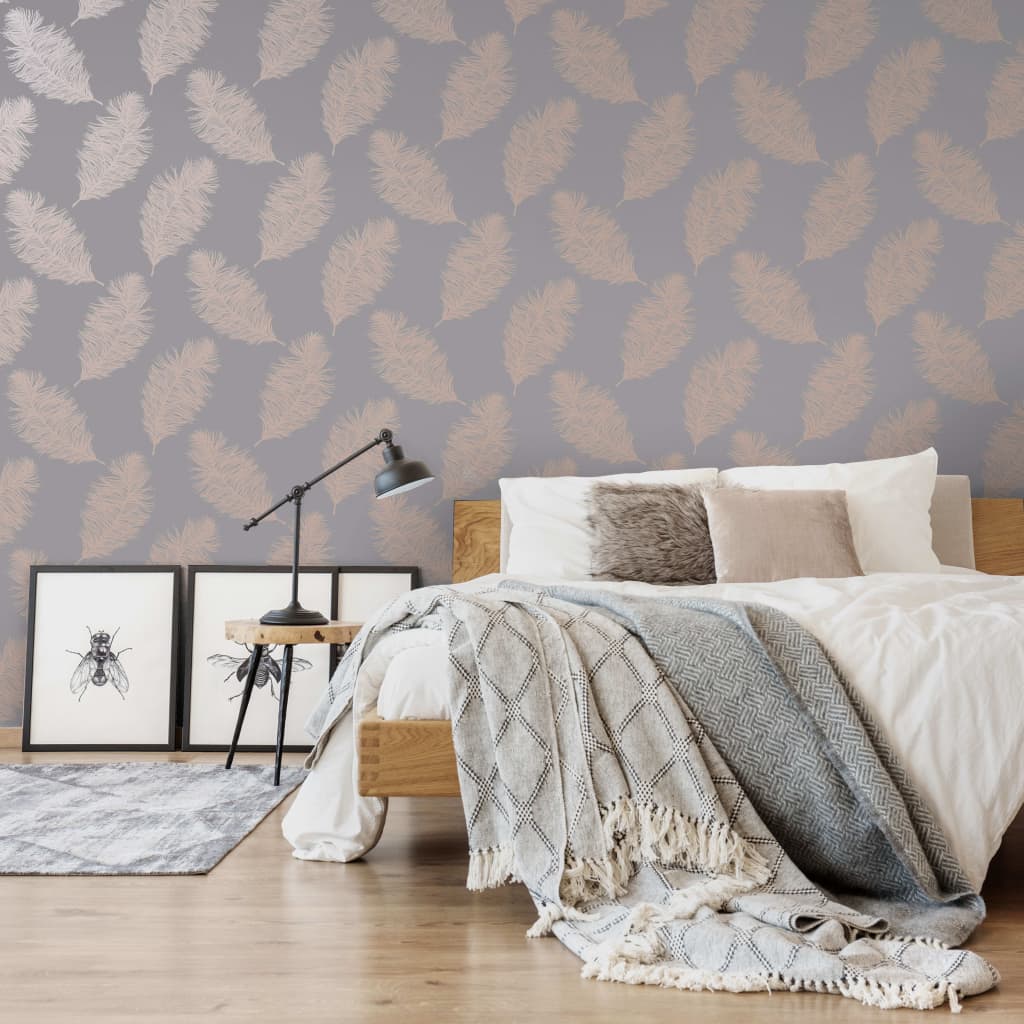 Dutch Wallcoverings Dutch Wallcoverings Wallpaper Fawning Feather Gray and Rose gold colored