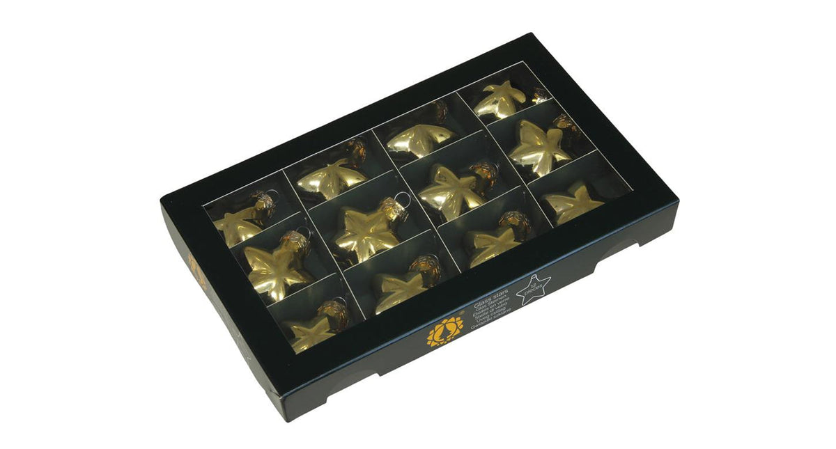 W b. 12 glass stars cap bright gold shiny 40 mm
