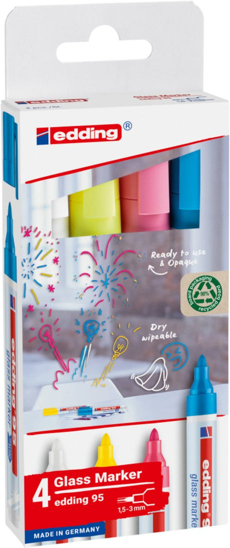 Edding 95 glasmarker set met 4 kleuren - wit, geel, roze, lichtblauw - ronde punt 1,5-3 mm - ook geschikt voor whiteboards - droog uitwisbaar