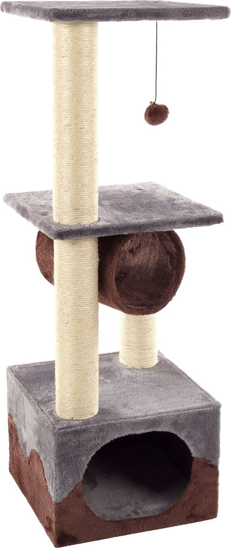 Flamingo krabpaal – kangri 5 grijs bruin – 35 × 35 × 102 cm – sisal krabpaal – met tunnel, huisje ligplateaus – voor katten