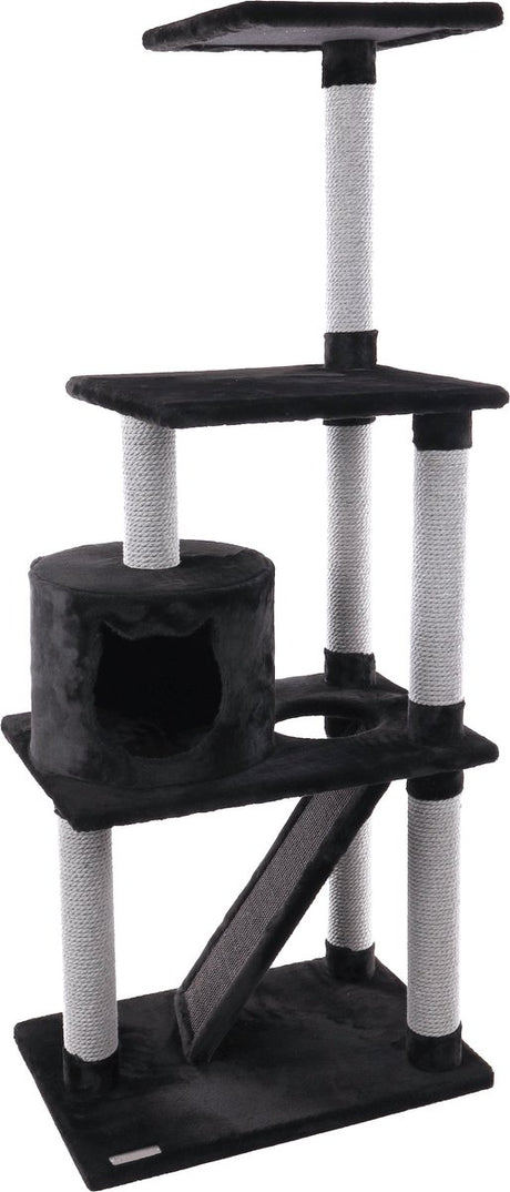 Flamingo krabpaal – forza zwart grijs – 60x40x151,5 cm – hoge krabpaal met 2 ligplateaus schuilhuisje – kattenmeubel met sisal krabplank pluche bekleding – stevige kattenboom