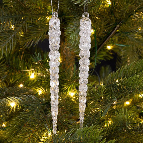 Decoris kersthanger ijspegel acryl met glitter transparant zilver dia1,5cmx14,5cm set a 2