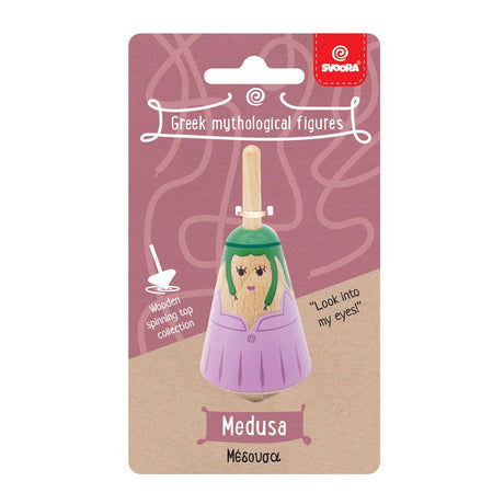Griekse houten tol: medusa 3,5x3,5x8 cm. | 6 stuks