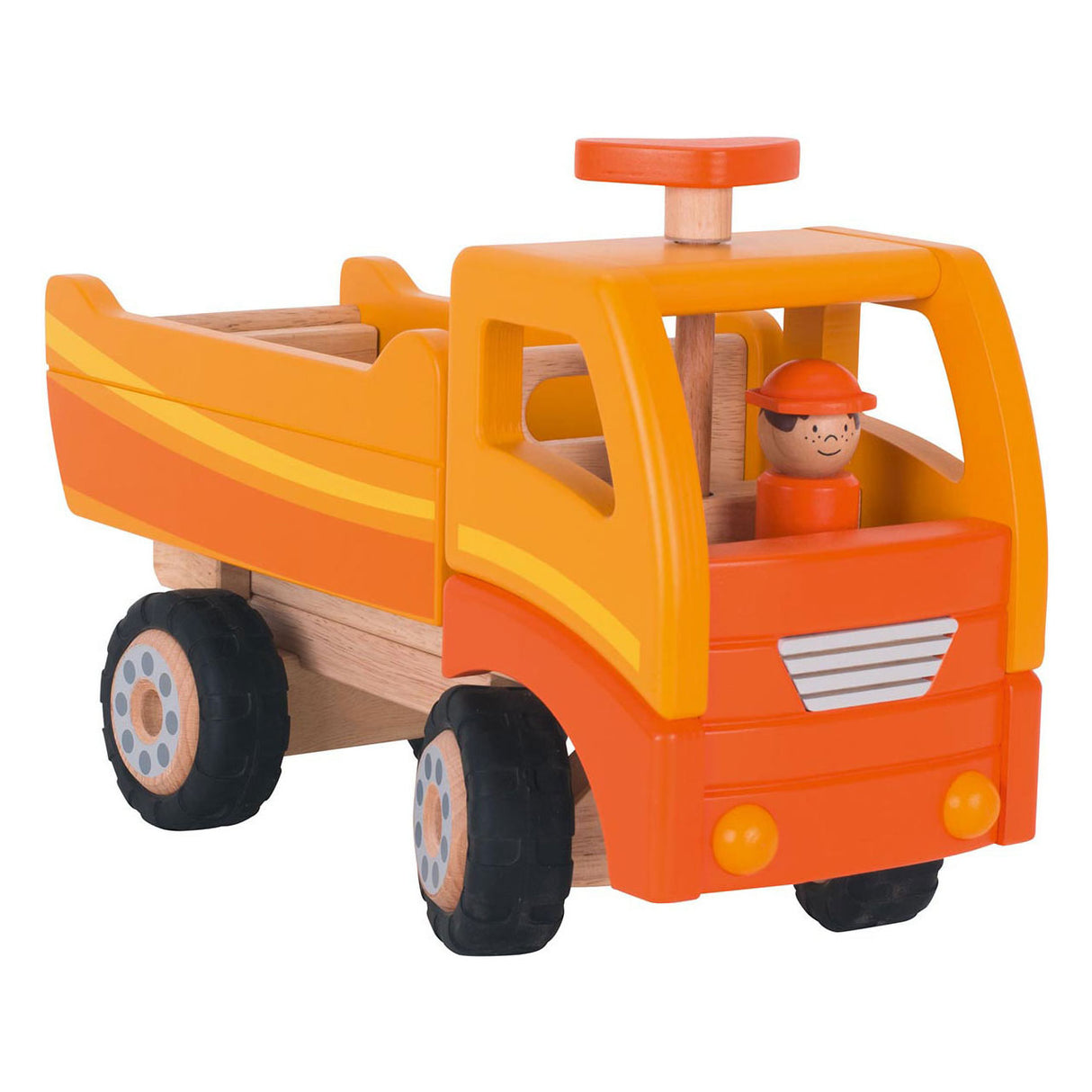 Goki houten kiepwagen oranje met draaibare wielen