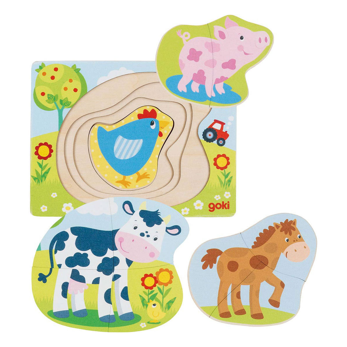 Goki Wooden Layer Puzzle Farm Animaux, 10e.