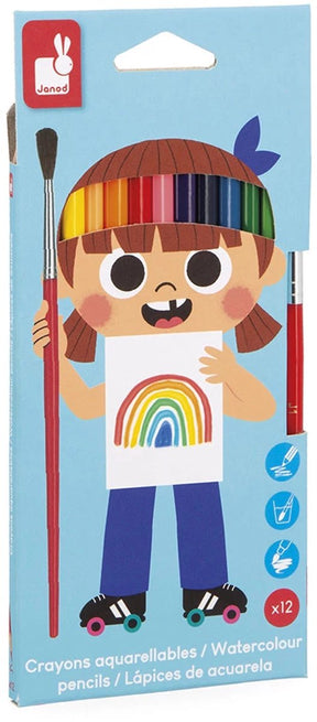 Janod - colo - aquarelpotloden - set van 12 verschillende kleuren