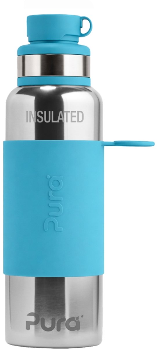 Pura thermos sportfles 650 ml - thermoskan - thermosbeker - plasticvrij - met dubbele wand - inclusief sportdop en sportsleeve - top is verwisselbaar - aqua