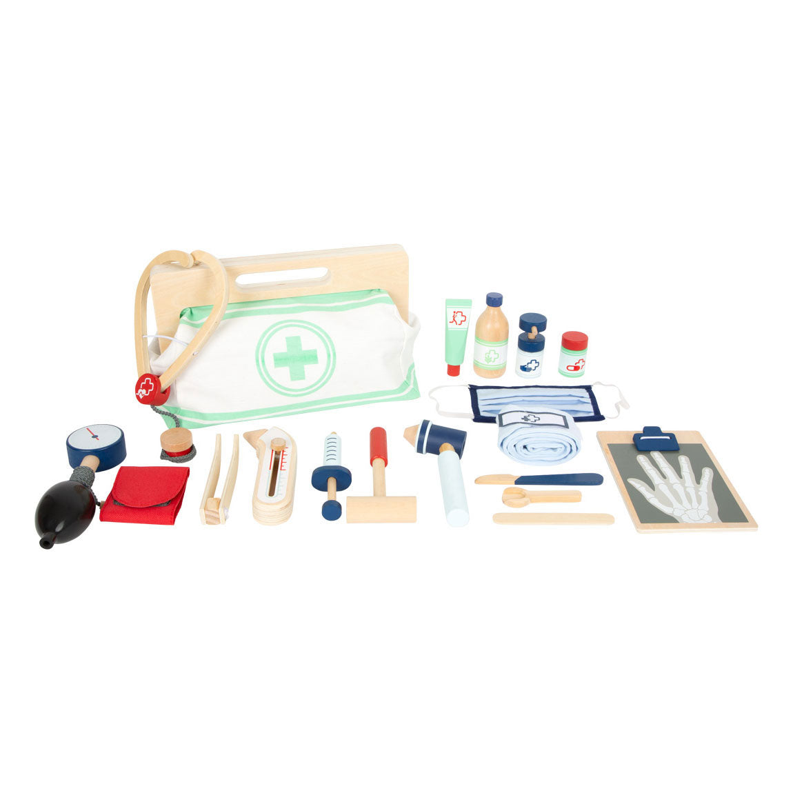 Small foot doctor's bag with wooden doctor accessories, 18dlg.