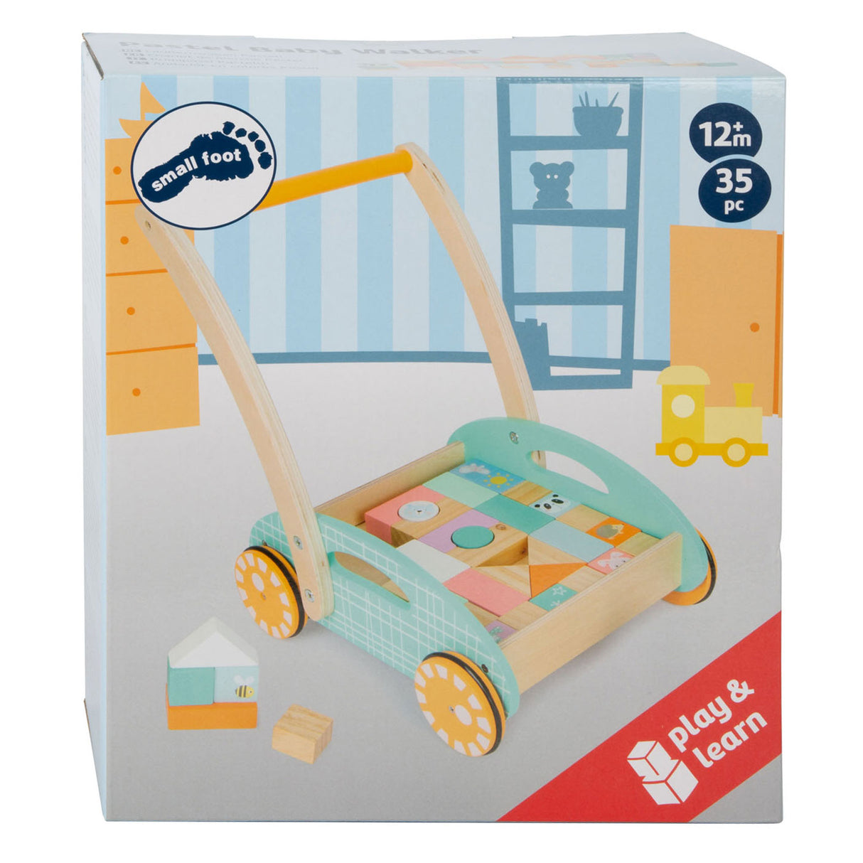 Small foot wooden baby walker with blocks pastel, 35dlg.