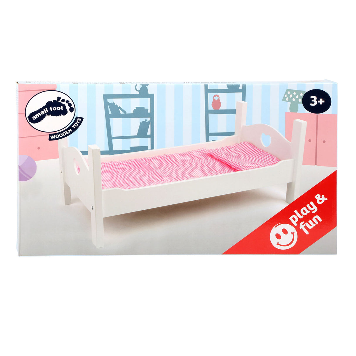 Small foot wooden doll bed white with bedding, 4dlg.