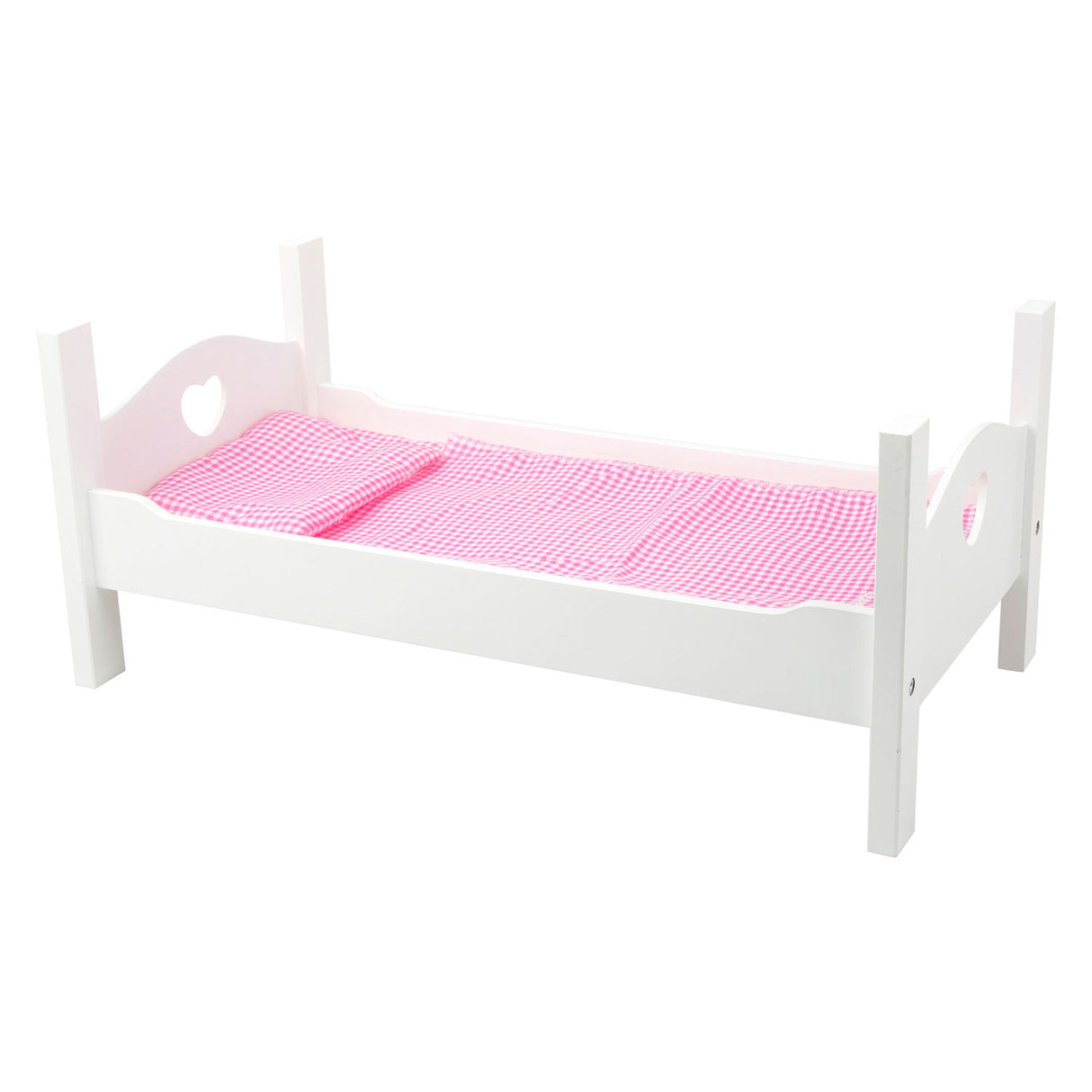 Small foot wooden doll bed white with bedding, 4dlg.