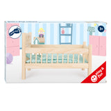 Small foot wooden doll bed of course with bedding, 4LDG.