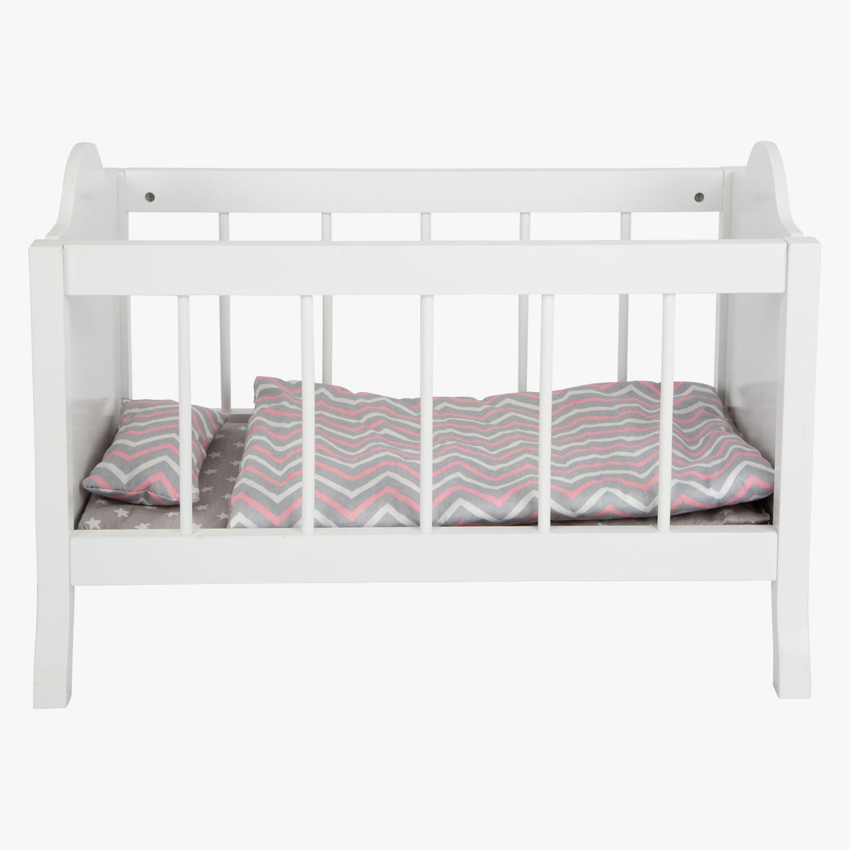 Small foot wooden doll bed white with bedding stripes, 4dlg.