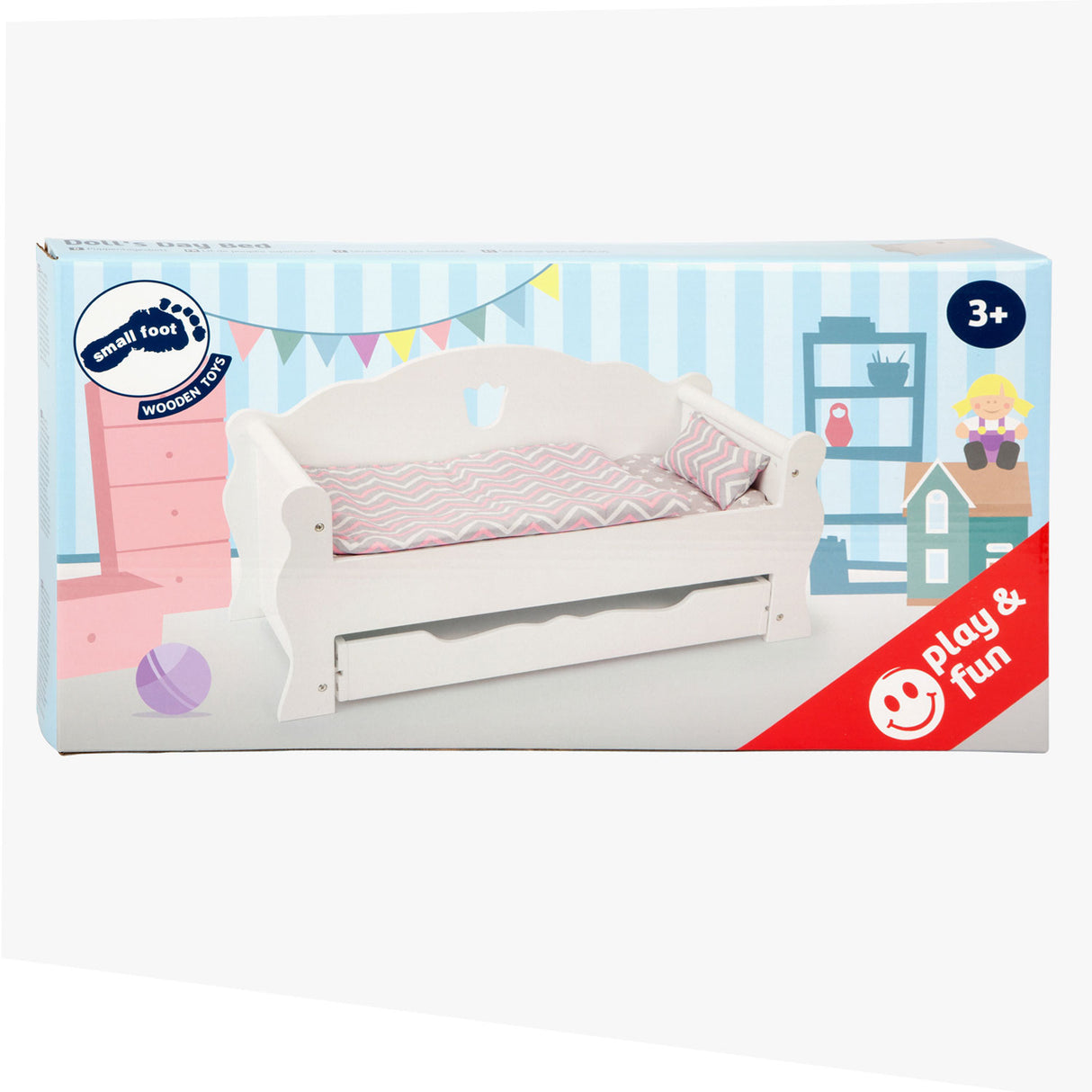 Small foot wooden doll bed with drawer and bedding, 4dlg.