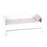 Small foot wooden doll bed with drawer and bedding, 4dlg.