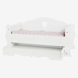 Small foot wooden doll bed with drawer and bedding, 4dlg.