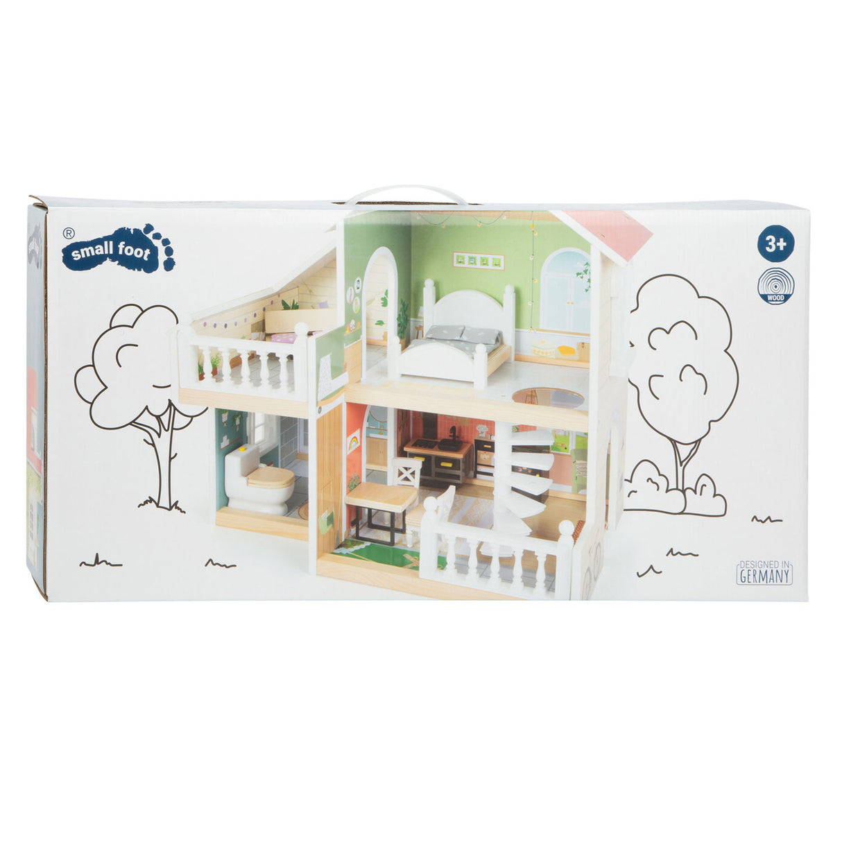 Small foot wooden urban villa dollhouse with furniture, 9dlg.