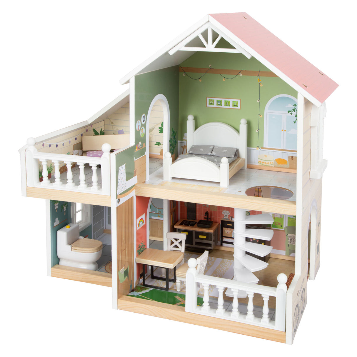 Small foot wooden urban villa dollhouse with furniture, 9dlg.