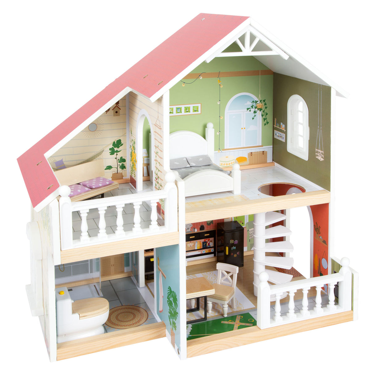 Small foot wooden urban villa dollhouse with furniture, 9dlg.