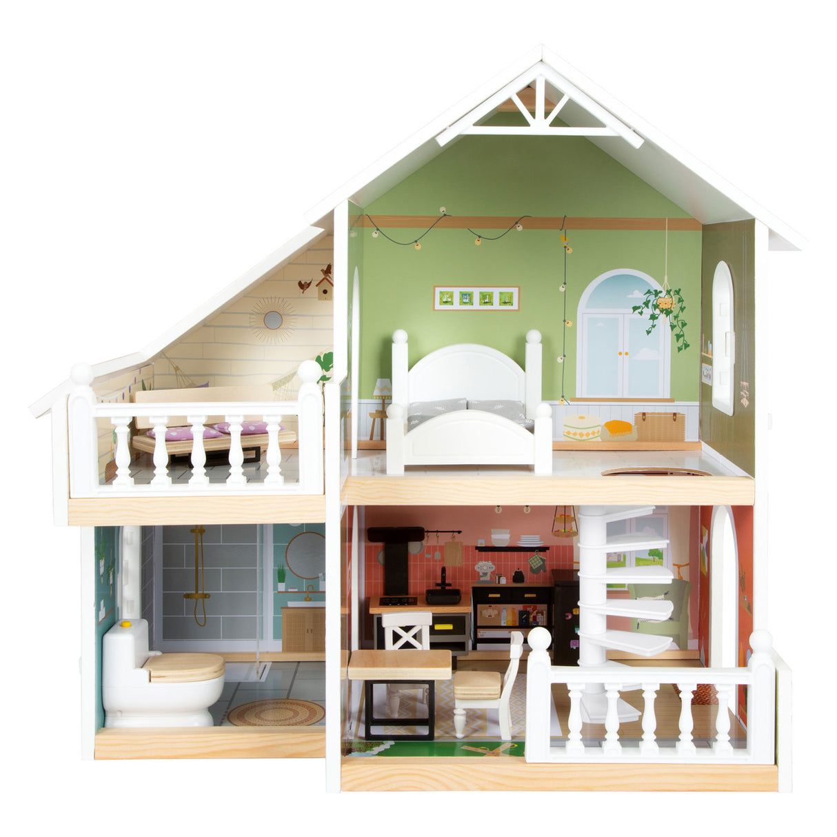 Small foot wooden urban villa dollhouse with furniture, 9dlg.