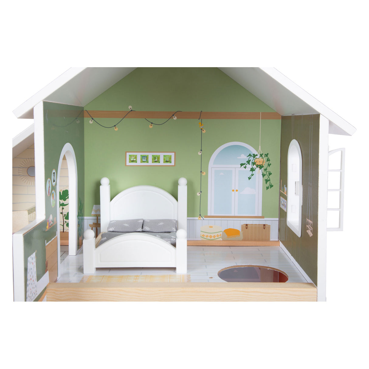 Small foot wooden urban villa dollhouse with furniture, 9dlg.