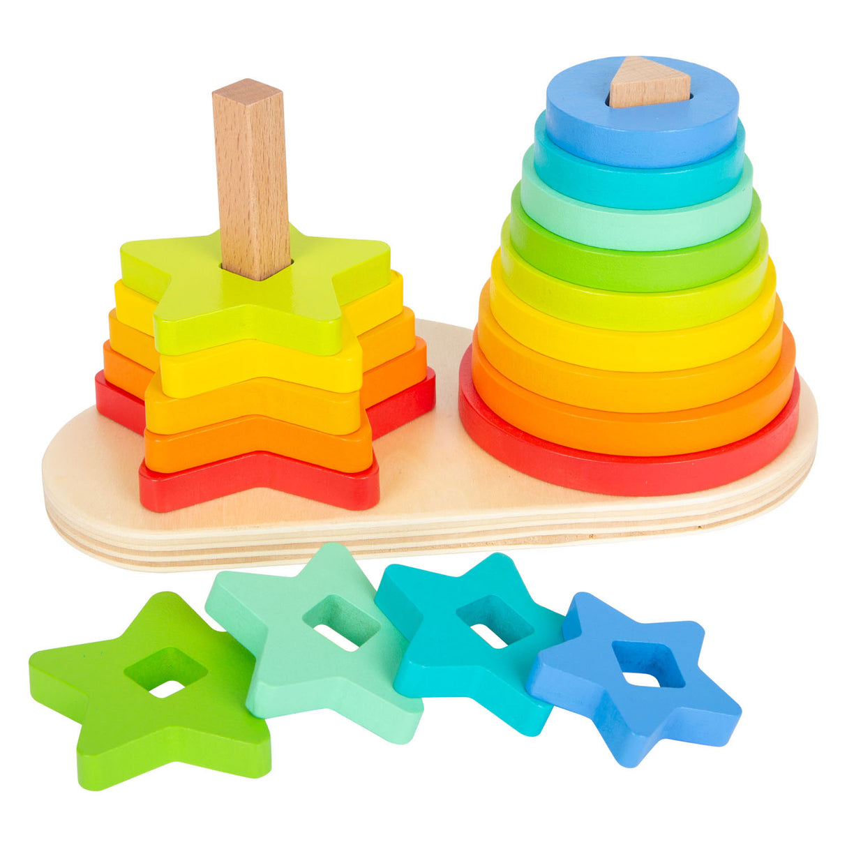 Small foot wooden stacking tower rainbow circle and star, 19dlg.